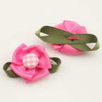 Petites fleurs en tissu, Satin, rose, vert, 2,5cm x 4cm, 2 morceaux