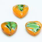 Glass beads, Glass, Orange , Green , Faceted heart shape, 16mm x 16mm x 6mm, 1 Bead